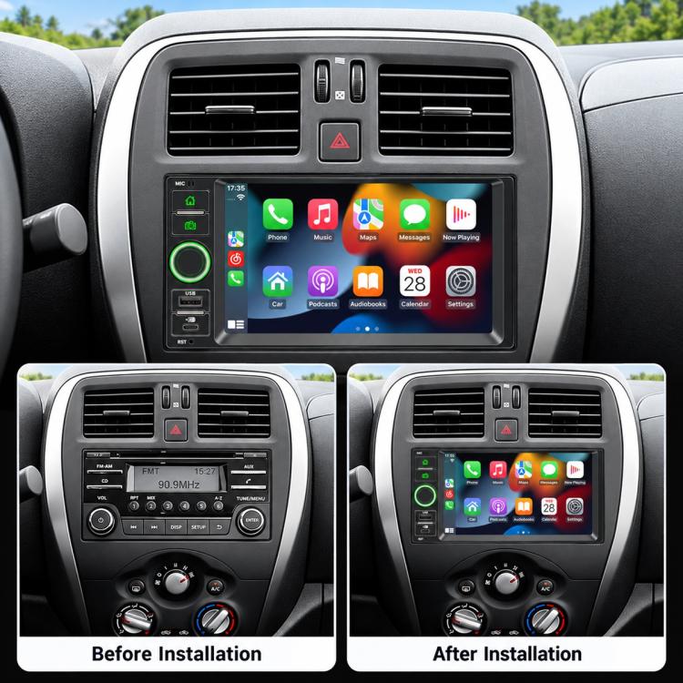 Car MP5 player head unit installed in dashboard with 7-inch touchscreen