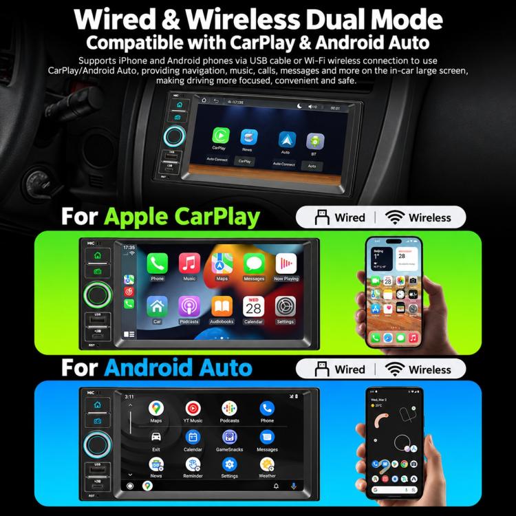 7-inch car MP5 player touchscreen showing CarPlay and Android Auto on screen