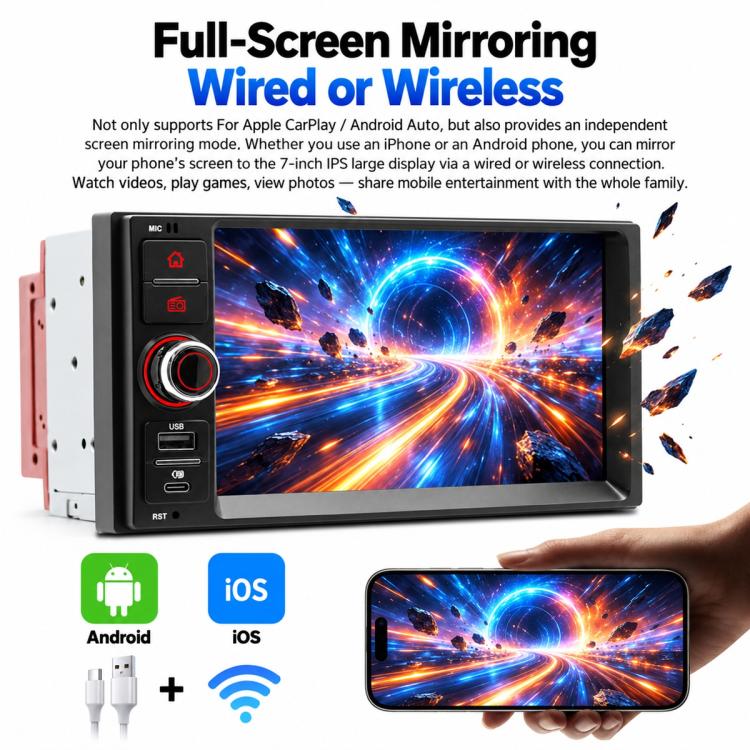 7-inch car MP5 player with full-screen mirroring on display and front ports