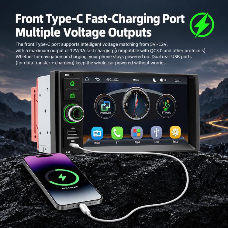Car MP5 player head unit with touchscreen and Type-C charging cable and device