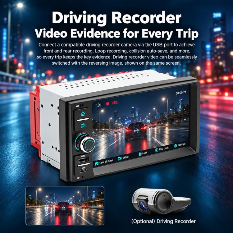 7-inch car MP5 player head unit with reversing video interface and optional camera