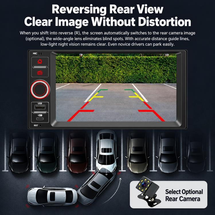 Car MP5 player touchscreen showing reversing camera view with parking guidelines