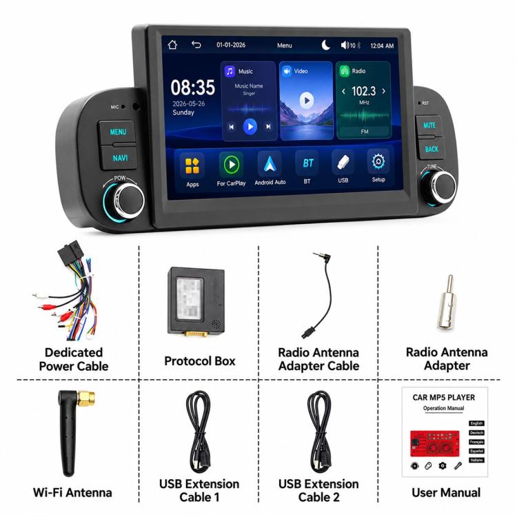7-inch car MP5 player kit with Wi-Fi antenna, cables, and protocol box