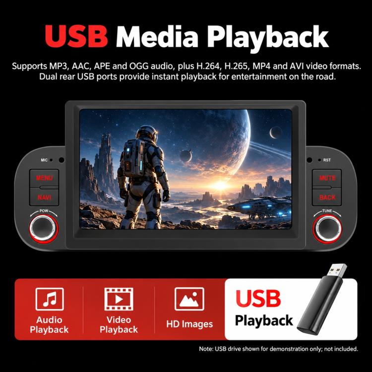 Car MP5 head unit with media playback screen and USB drive for playback
