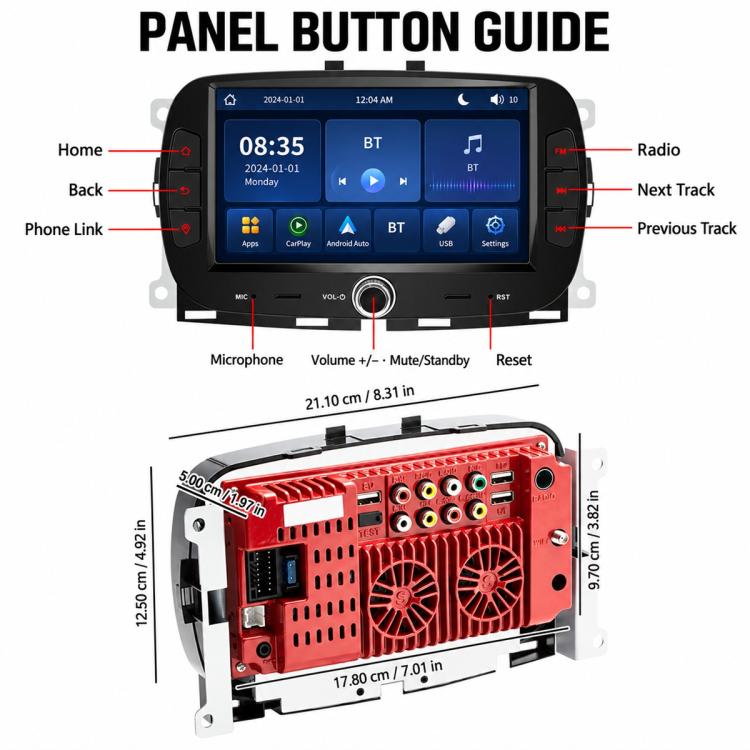 Car MP5 head unit front panel with touchscreen, volume knob, and button labels