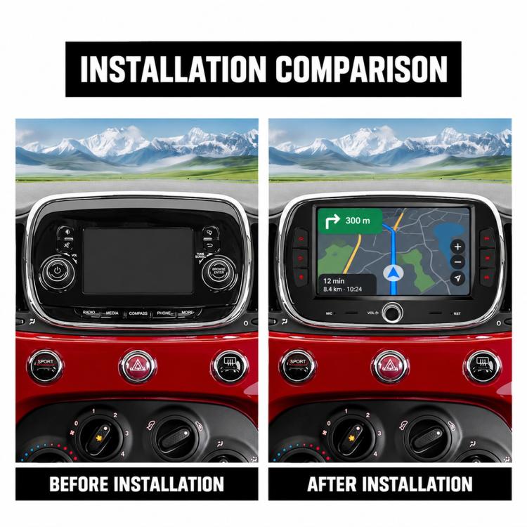 Car MP5 player installation comparison showing head unit before and after fitting