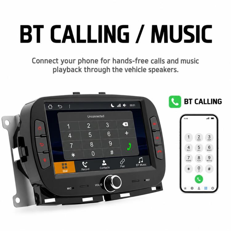 Car MP5 player head unit with dial keypad screen and phone call/music layout