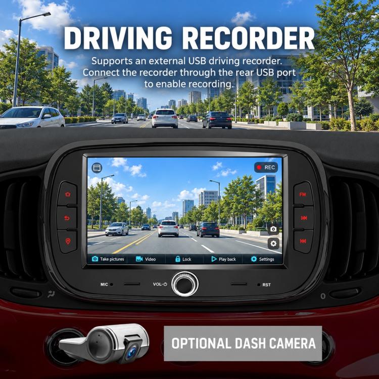 Car MP5 player head unit with driving recorder style screen and REC indicator