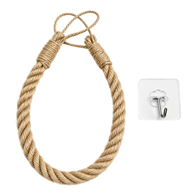 Twine toilet paper holder with wall hook and rope loop, wooden knob