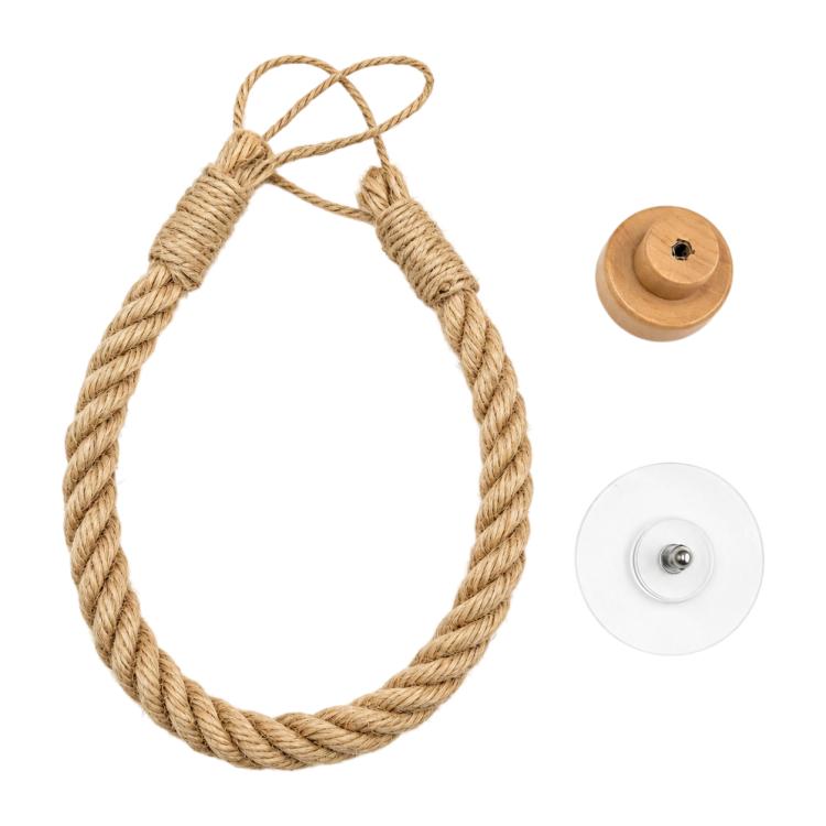 Twine toilet paper holder with rope loop and round wooden mounting base