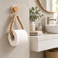 Wall-mounted twine toilet paper holder with rope loop and paper roll