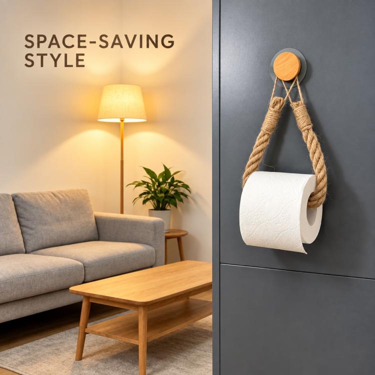 Twine toilet paper holder with rope loop on wall, paper roll attached