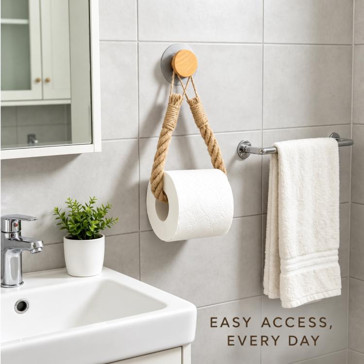 Twine toilet paper holder with rope loop holding a toilet paper roll