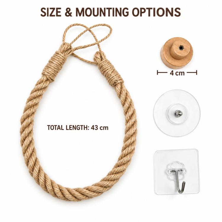 Twine toilet paper holder with rope loop, mounting parts and dimensions