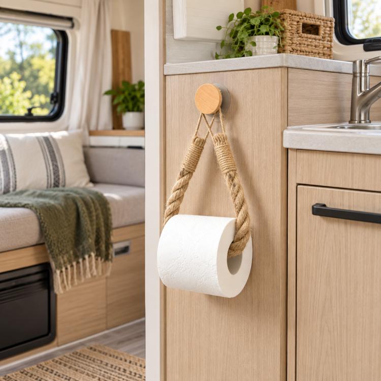 Twine toilet paper holder on cabinet door with rope loop and paper roll