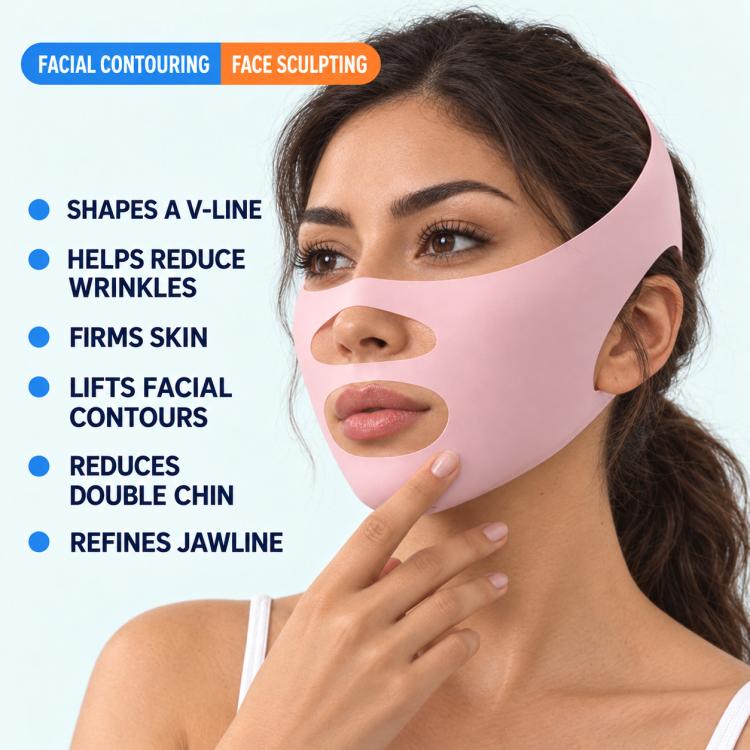 Pink face-sculpting mask with contoured panels around jaw and cheeks