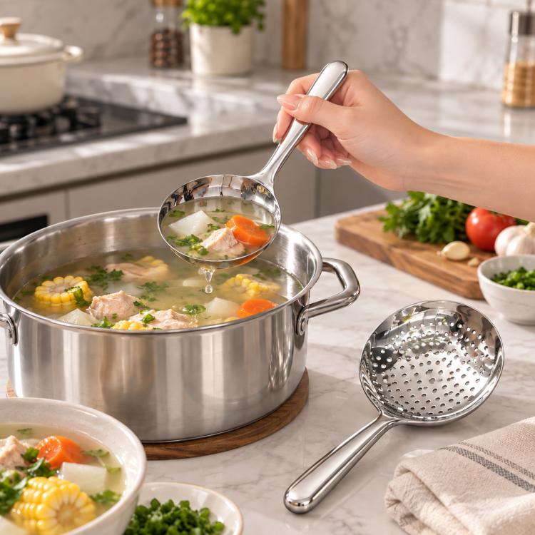 LsCook 2 PCS / Pack Short Handle 410 Stainless Steel Multifunctional Soup Spoon, Slotted Spoon, Round Spoon