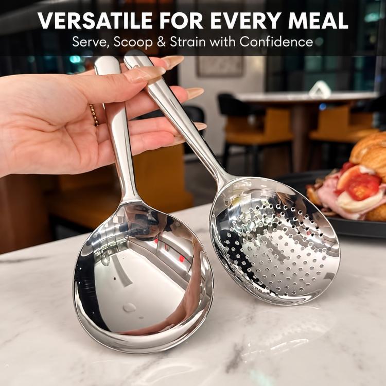LsCook 2 PCS / Pack Short Handle 410 Stainless Steel Multifunctional Soup Spoon, Slotted Spoon, Round Spoon