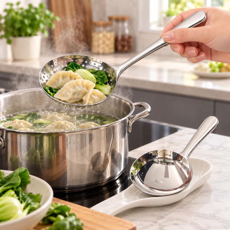 LsCook 2 PCS / Pack Short Handle 410 Stainless Steel Multifunctional Soup Spoon, Slotted Spoon, Round Spoon