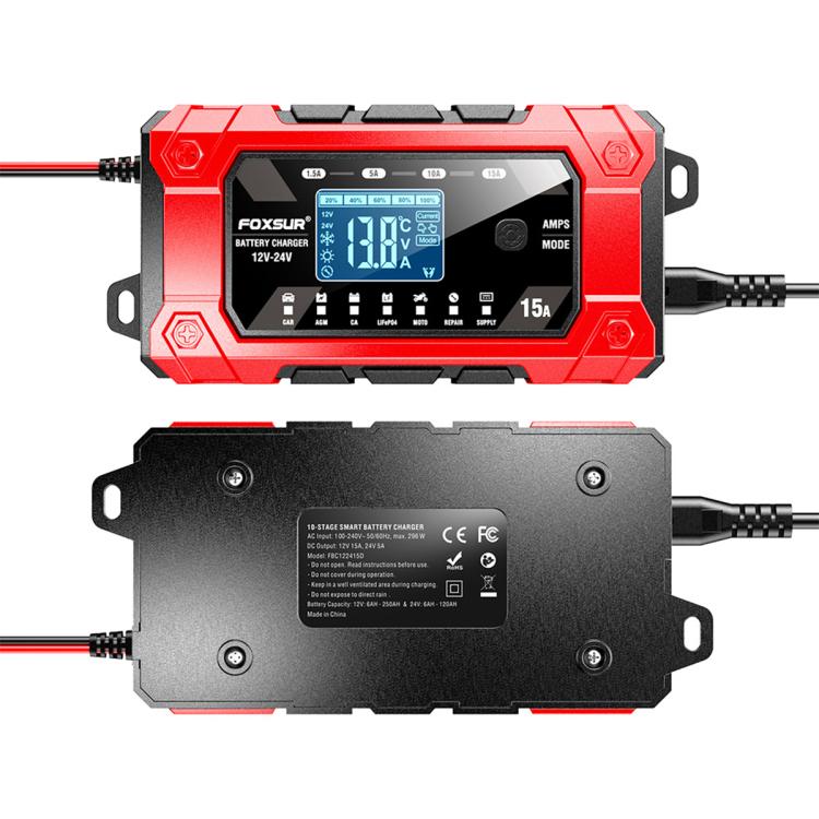 FOXSUR 12V/24V 1.5-15A Multifunctional LCD Digital Display Adjustable Current Battery Charger, EU Plug, US Plug, UK Plug, AU Plug