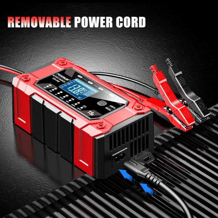 FOXSUR 12V/24V 1.5-15A Multifunctional LCD Digital Display Adjustable Current Battery Charger, EU Plug, US Plug, UK Plug, AU Plug
