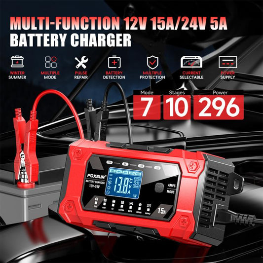 FOXSUR 12V/24V 1.5-15A Multifunctional LCD Digital Display Adjustable Current Battery Charger, EU Plug, US Plug, UK Plug, AU Plug