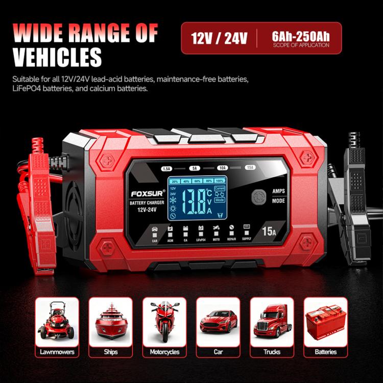 FOXSUR 12V/24V 1.5-15A Multifunctional LCD Digital Display Adjustable Current Battery Charger, EU Plug, US Plug, UK Plug, AU Plug