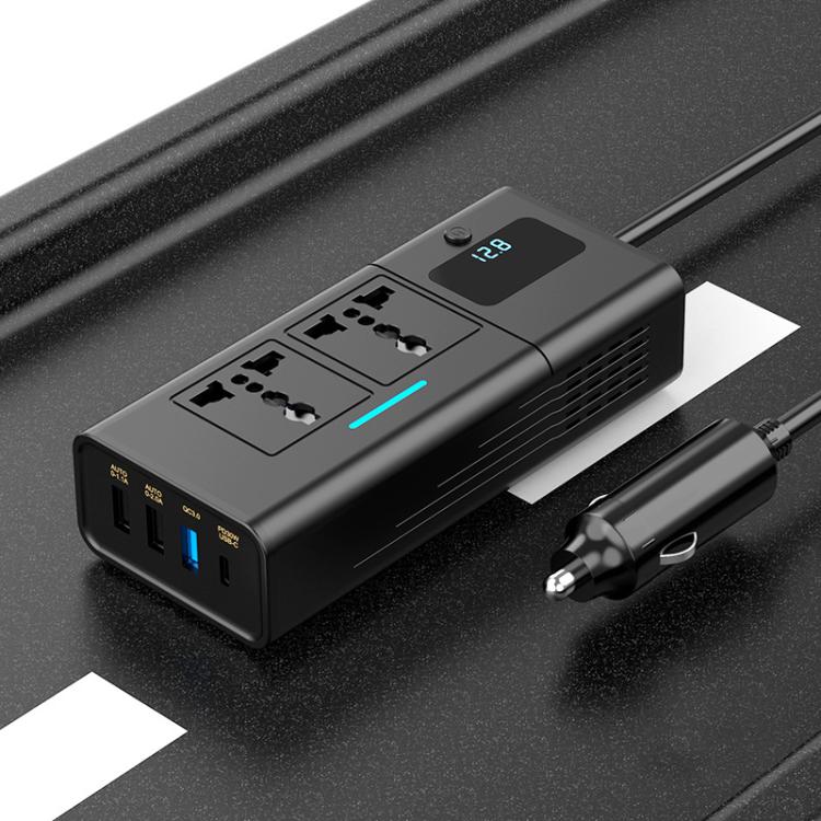 Black car power inverter with digital voltage display and multi-output ports