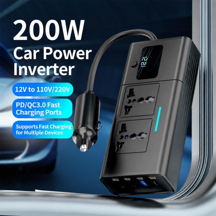 Black car power inverter with 12V cigarette-lighter plug and digital voltage display