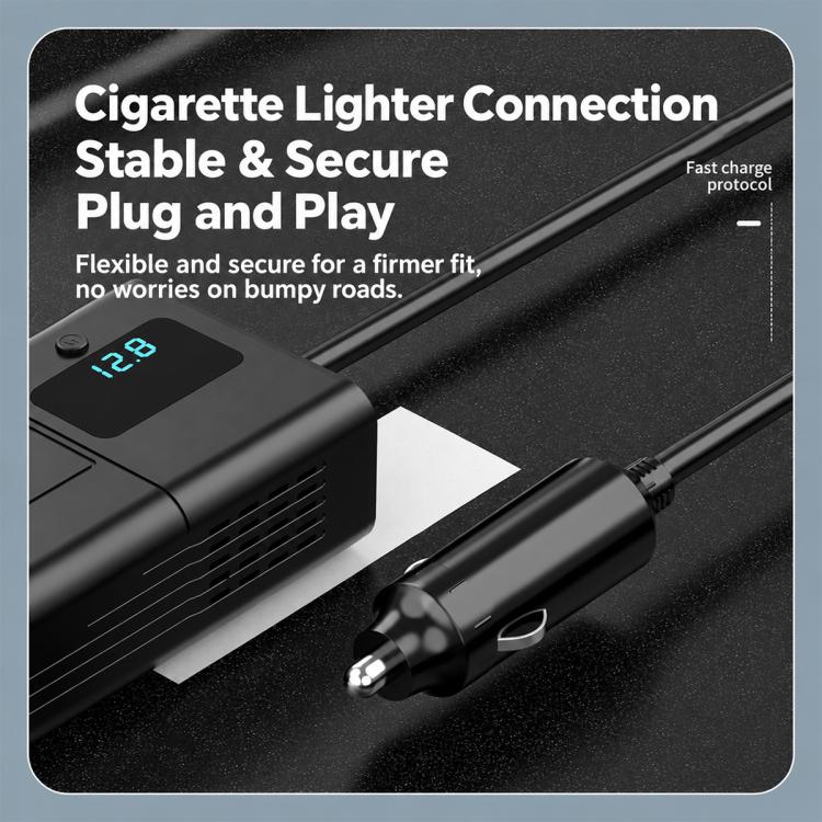 Black car power inverter with cigarette lighter plug, USB ports, and LED digital display