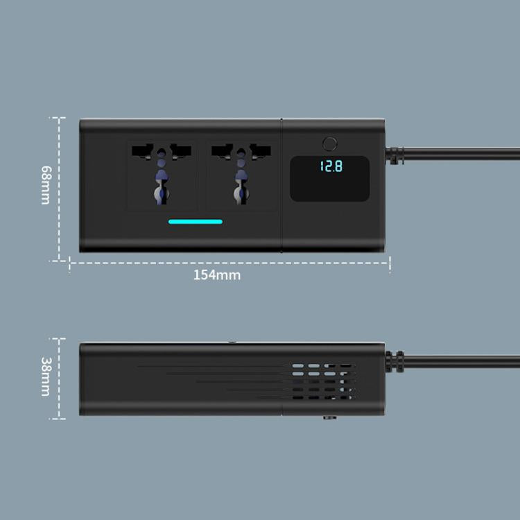 Black car power inverter with digital LED display, two outlets, and cooling vents