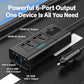Black 200W car power inverter with 6 output ports, blue LED strip, digital screen