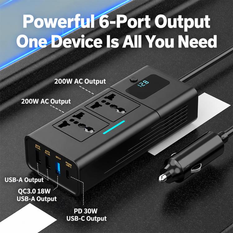 Black 200W car power inverter with 6 output ports, blue LED strip, digital screen