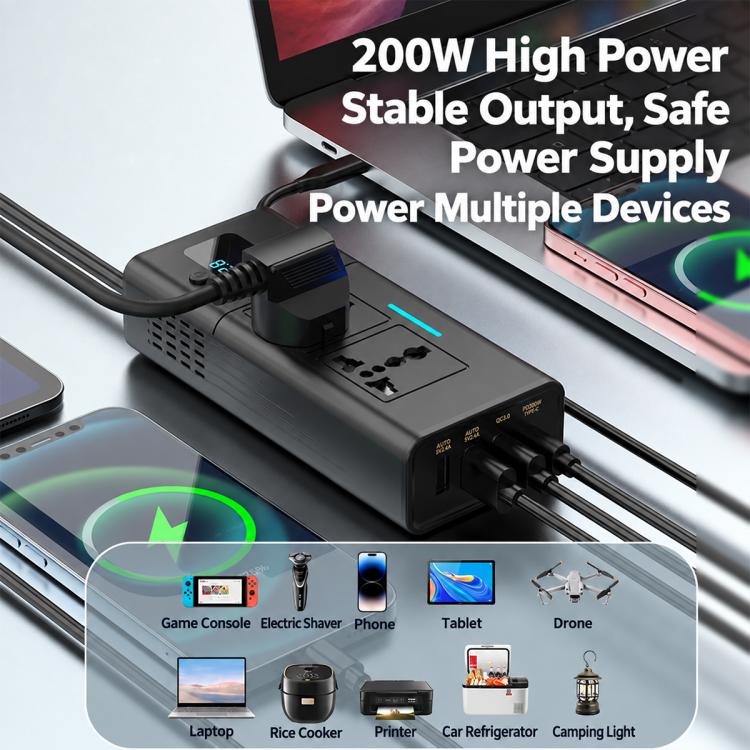 Black car power inverter with multiple charging outlets and blue LED indicator
