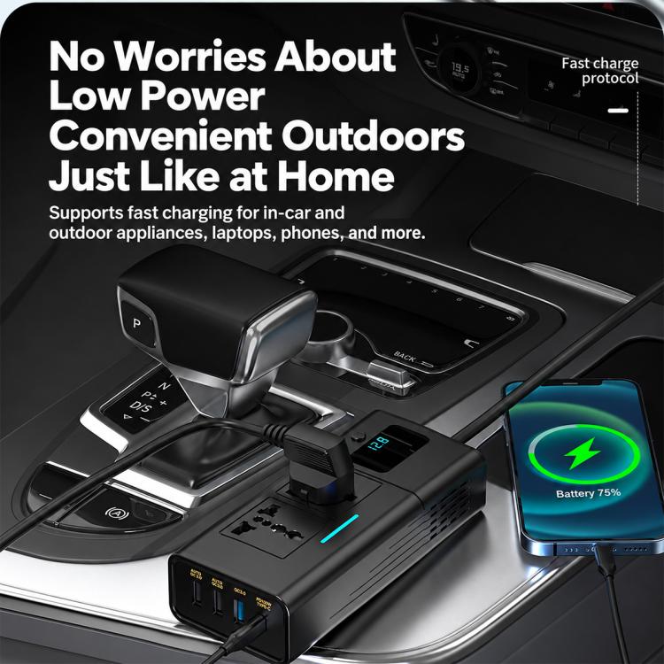 Black car power inverter with AC outlets, USB-A and USB-C ports in compact body