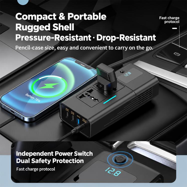 Compact black car power inverter with rugged shell, vents, and digital display
