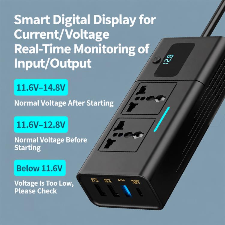 Black car power inverter with smart digital display for input and output voltage