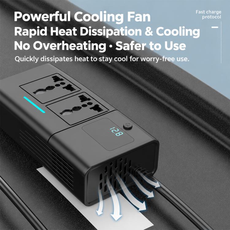 Black car power inverter with cooling fan vents and digital voltage readout