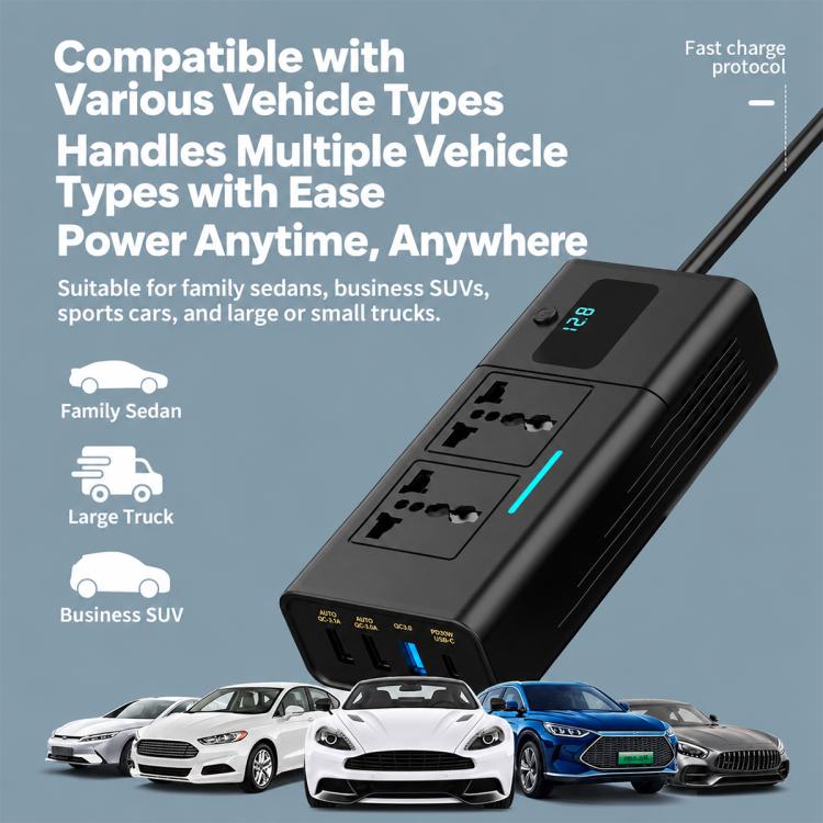 Black car power inverter compatible with multiple vehicle types, featuring digital display