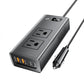Car power inverter with two AC outlets and LED digital display, connected to car plug