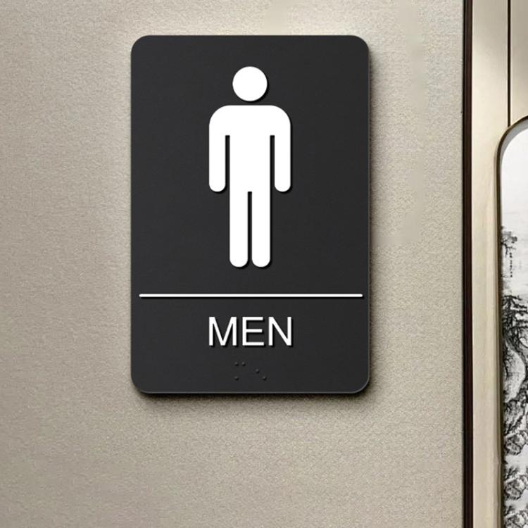 Black Braille sign with raised male icon, tactile dots, and MEN label.
