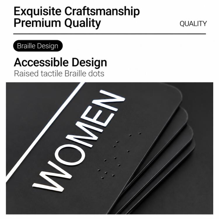 Black Braille sign close-up with raised dots and tactile WOMEN-style icon text.