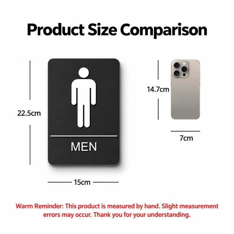 Black MEN Braille sign with raised male icon, tactile dots, and MEN label; size diagram.