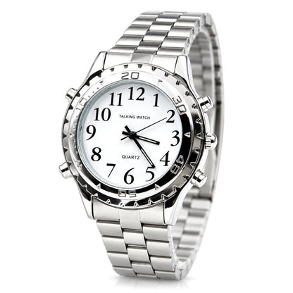 Stainless steel quartz watch with white dial and metal bracelet strap