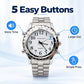 Stainless steel quartz watch front view with white dial and metal bracelet