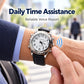 Quartz watch on wrist with black leather strap and white dial