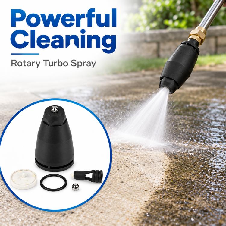 Pressure washer turbo spray nozzle on wand, black cone head producing a water jet
