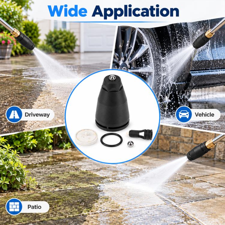 Pressure washer turbo nozzle with black cone head spraying a high-pressure water stream