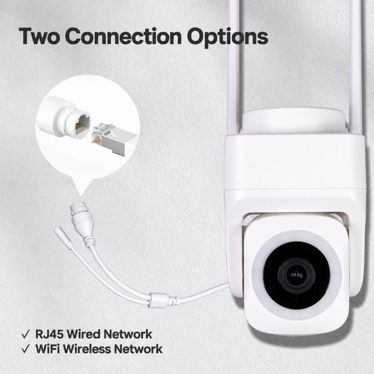 White security camera with dual antennas and RJ45/WiFi connection cables