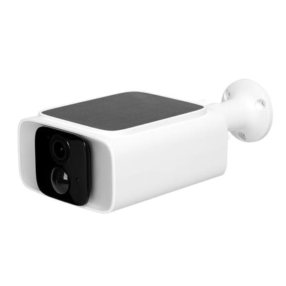 Outdoor solar-powered WiFi security camera with black lens and white housing